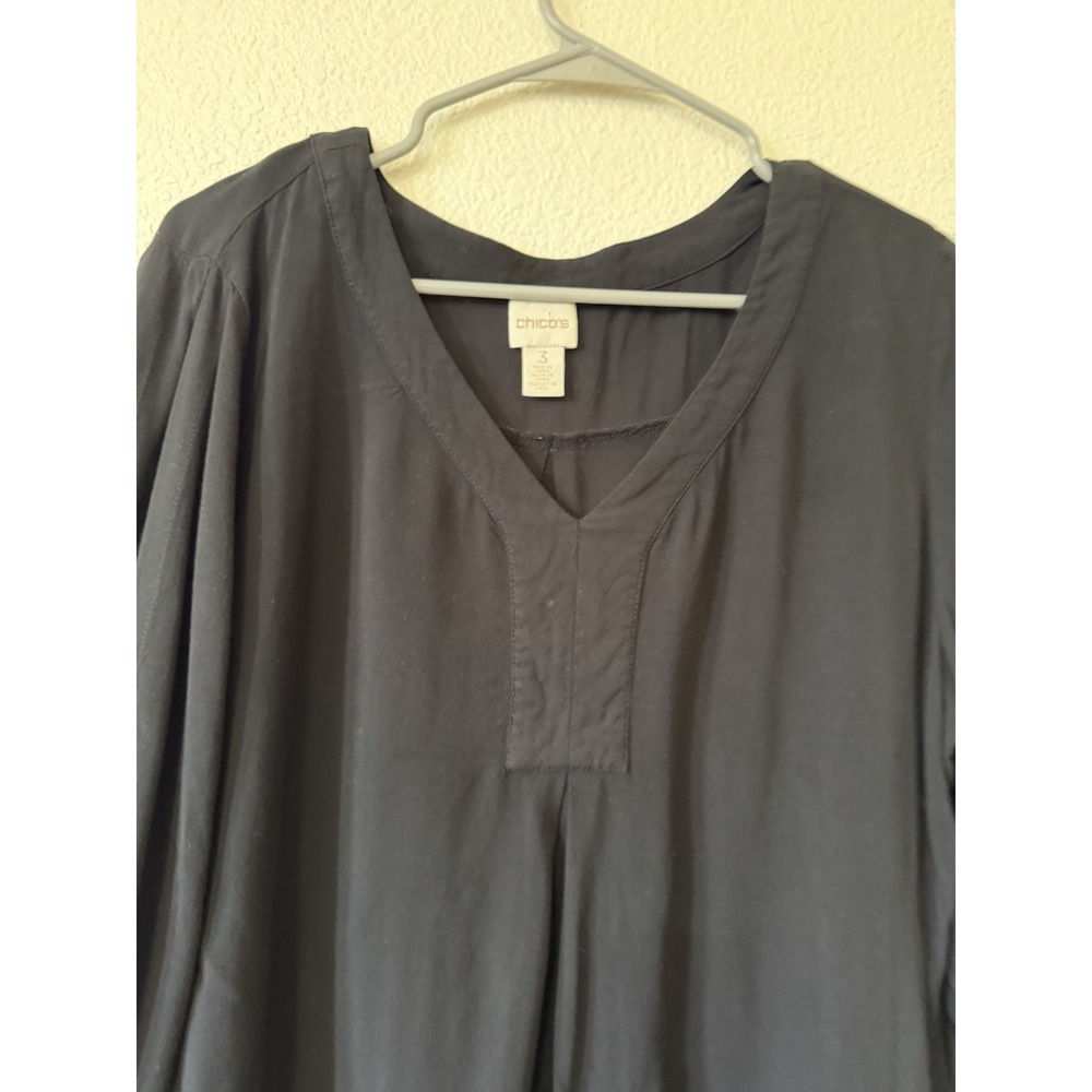 Chico's Black Blouse Size 3 XL V-Neck Lace Up Sleeve Boho Casual Top - Picture 4 of 14